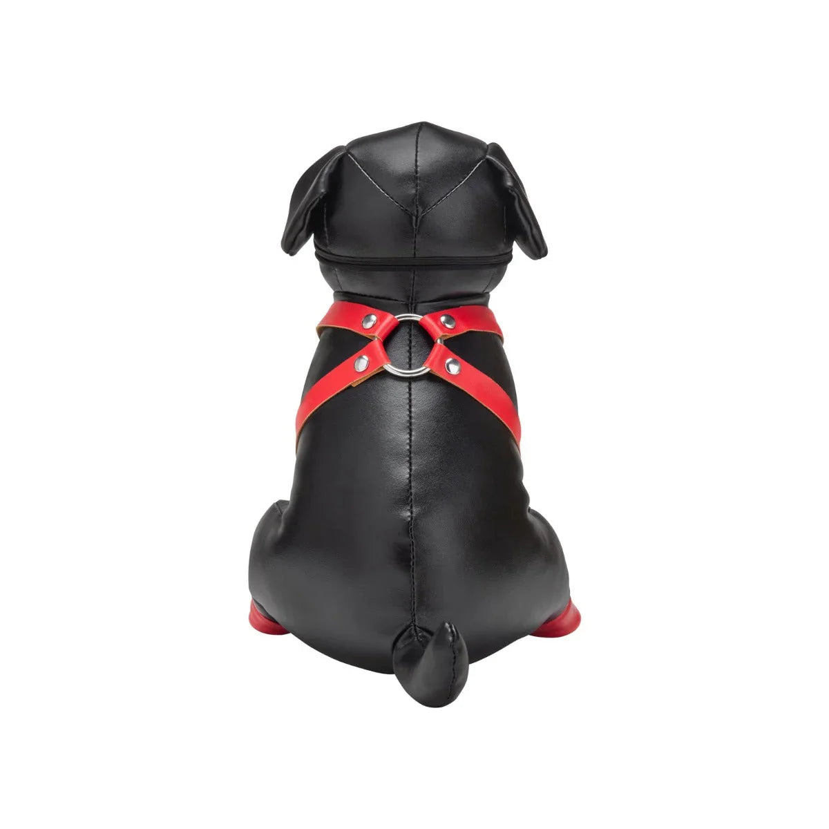 Black faux leather rottweiler dog figurine wearing red harness with silver hardware from prowler red puppy booted up bandit