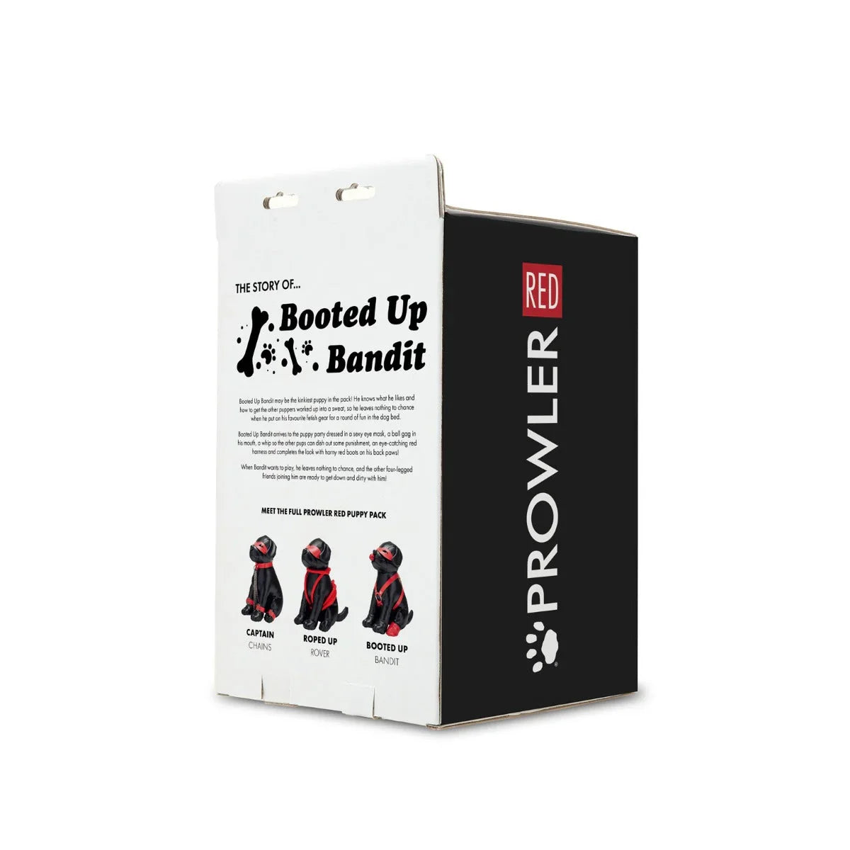 Black and red prowler red puppy booted up bandit box with three illustrated pup characters on the front side