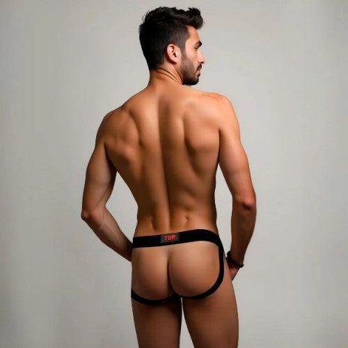 Black ydp brand prowlerr switch jockstrap briefs with a red logo waistband shown from the back side