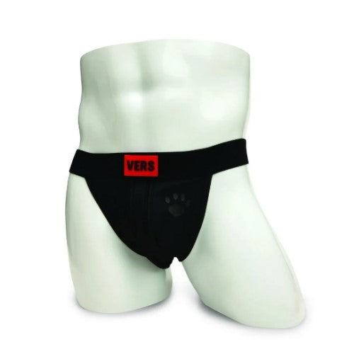 Black athletic PROWLER SWITCH jockstrap briefs with red vers logo patch on the waistband for active wear