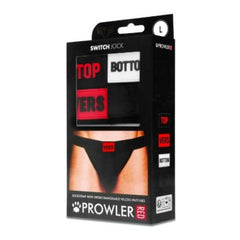 Black packaging of prowler switch jockstrap adjustable briefs set with red switch lock and white text labels