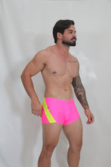 Neon curved sq cut trunk swim trunks in bright pink with bold neon yellow side stripe for vibrant beachwear