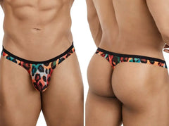 Pikante men's thong underwear with multicolored animal print black waistband front pouch and minimal back coverage shown front and back