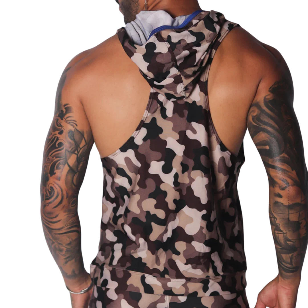 Brown camouflage print sleeveless hooded tank top with a thin blue trim on the hood's interior.