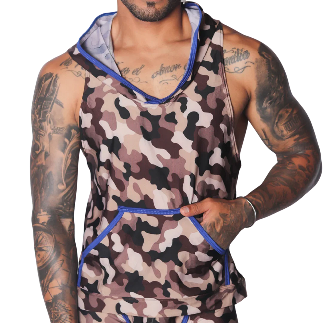 Sleeveless camo-print hooded shirt in brown, beige, and black with blue trim and a front kangaroo pocket.