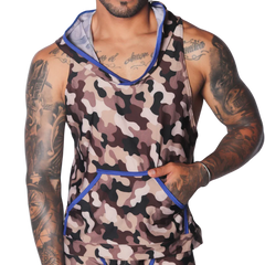 Sleeveless camo-print hooded shirt in brown, beige, and black with blue trim and a front kangaroo pocket.