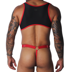 Black and red cropped tank top with thin shoulder straps paired with a red thong strap and metal ring detail.