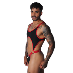 Black athletic-style bodysuit with red trim, high-cut legs, O-ring accents, and adjustable red strap detailing.