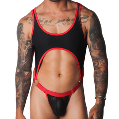 Black and red scoop-neck bodysuit with a chest cutout, O-ring connectors, and a sheer lace pouch.