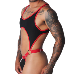 Black sleeveless bodysuit with red trim, high-cut sides, a chest cutout, and a red metal-ring waist strap.