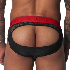 Black jockstrap with an open back, lace trim, and a thick red elastic waistband featuring the Gigo logo.