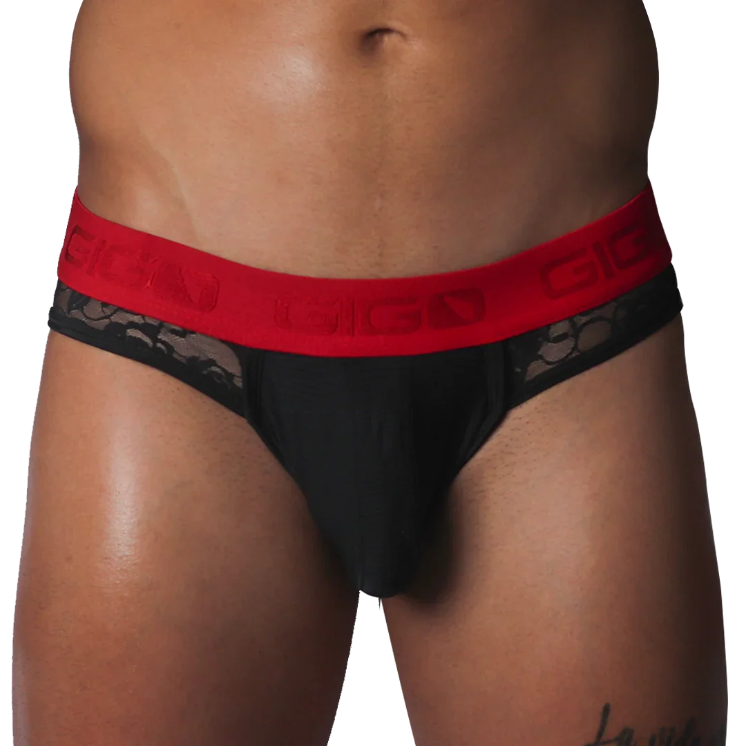 Black jockstrap with lace side panels and a contrasting red elastic waistband featuring the Gigo logo.