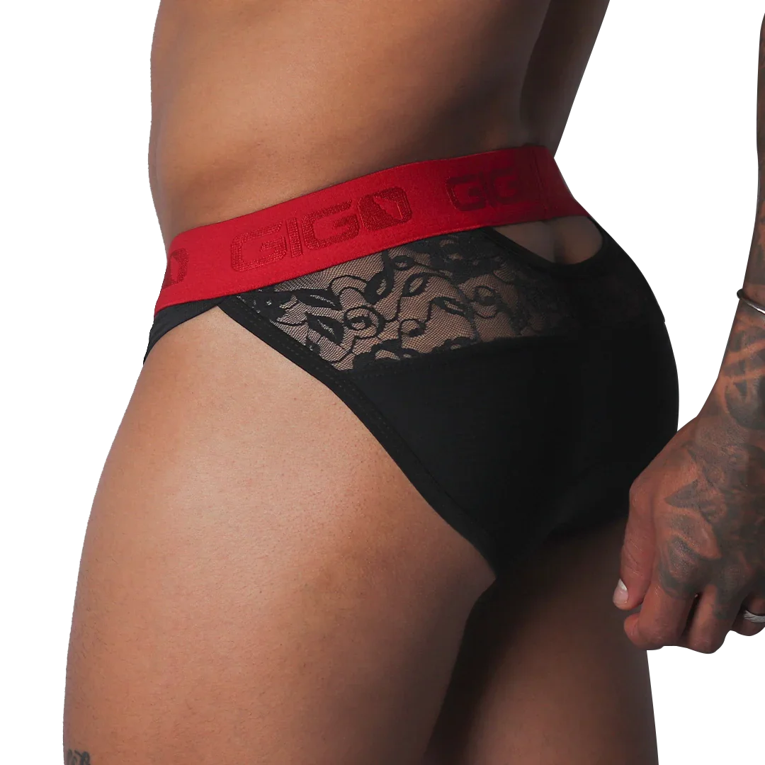 Black brief with floral lace paneling and a contrasting red elastic waistband featuring the Gigo logo.