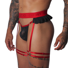 Black lace thong and red elastic garter belt with "GIGO" logo waistband and adjustable leg straps.