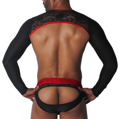 Black lace long-sleeve harness with red trim and matching red-accented, open-back jockstrap.