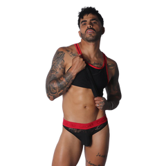 Black tank top featuring vibrant red trim on the scoop neckline and racerback straps.