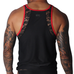 Black tank top with red trim, featuring sheer floral lace side panels and a center fabric panel.