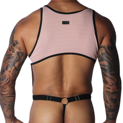 Romantic pink ribbed knit crop top with black trim, connected by thin straps to a black O-ring thong back.