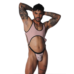 Pink ribbed bodysuit with black trim, large midriff cutout, O-ring connectors, and a lace pouch detail.