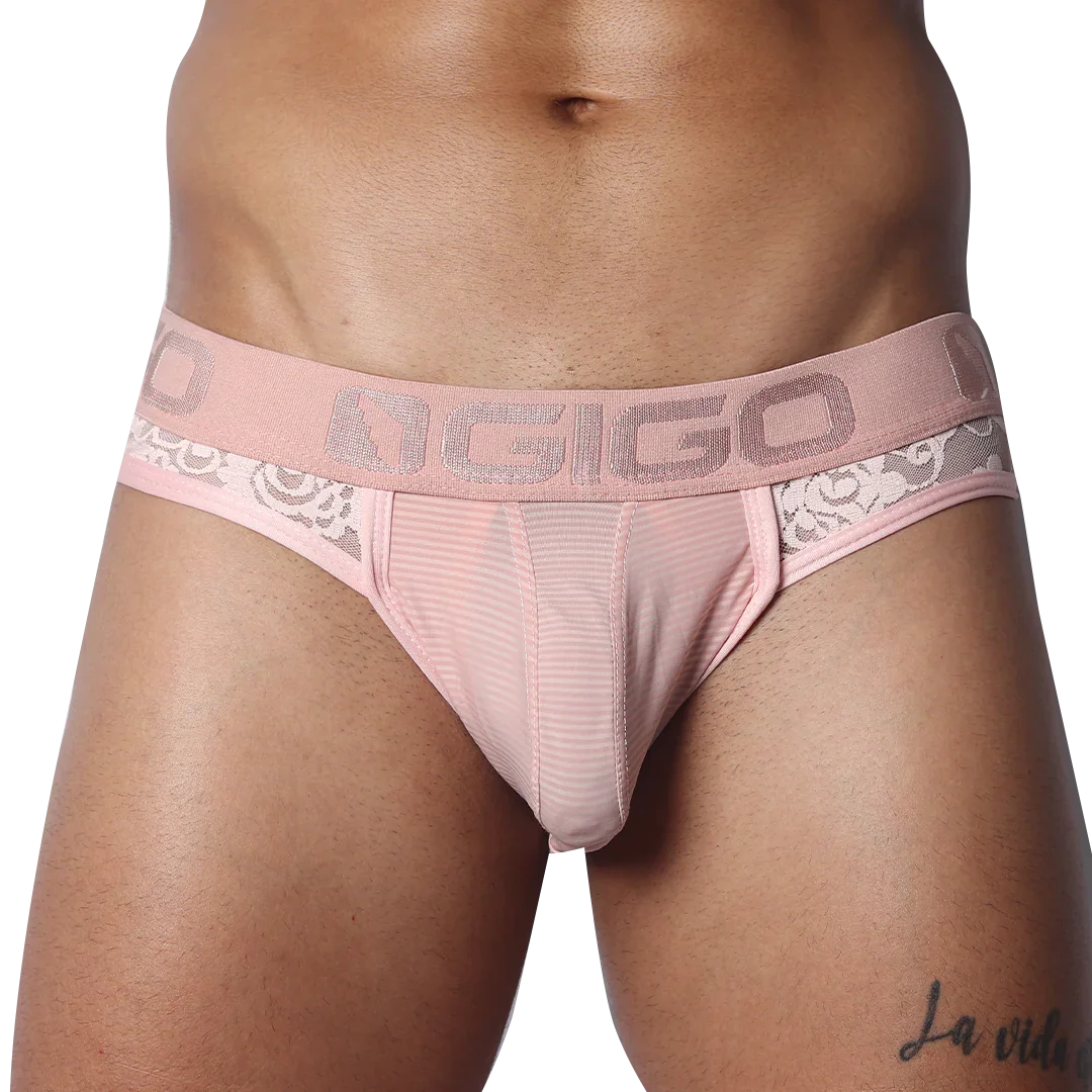 Romantic pink jockstrap with floral lace side panels, striped mesh front pouch, and branded Gigo elastic waistband.