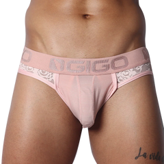 Romantic pink jockstrap with floral lace side panels, striped mesh front pouch, and branded Gigo elastic waistband.