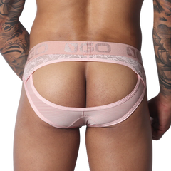 Romantic pink jockstrap featuring a sheer mesh pouch, lace trim, and a branded elastic waistband.