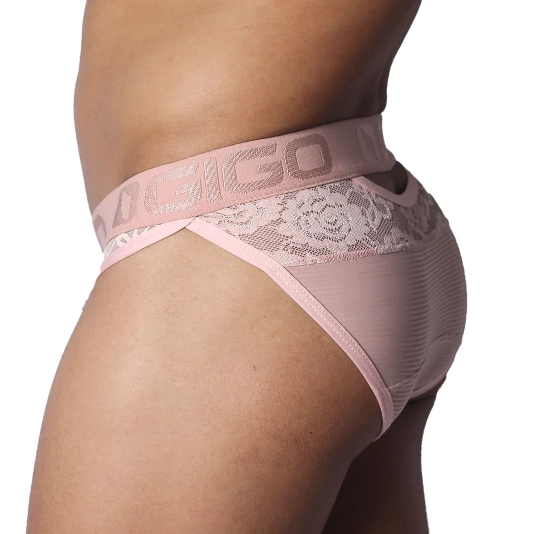 Romantic pink brief featuring a branded elastic waistband, floral lace accents, and sheer, ribbed fabric.