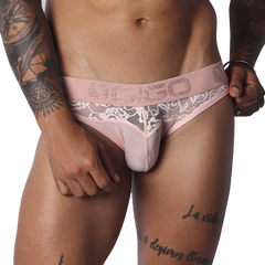 Romantic pink briefs in striped mesh and floral lace with a wide, branded elastic waistband.