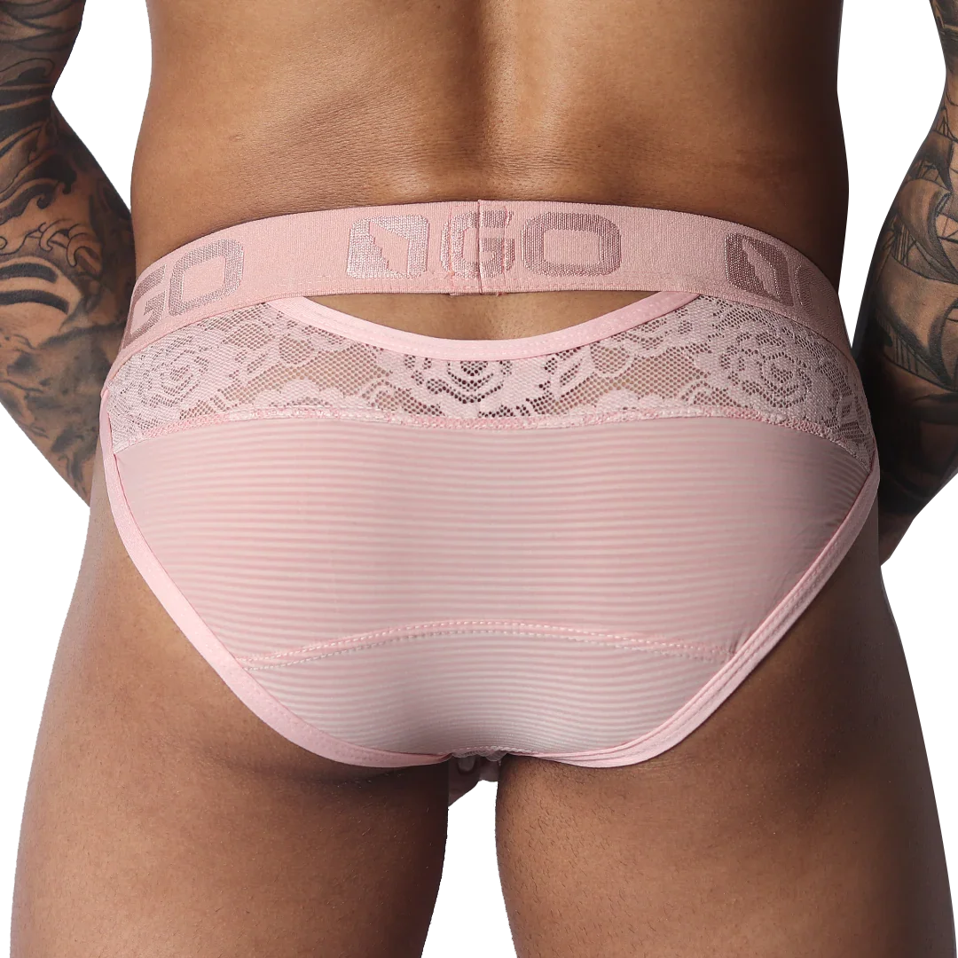 Pastel pink briefs with floral lace detailing, sheer striped fabric, and a branded elastic waistband.