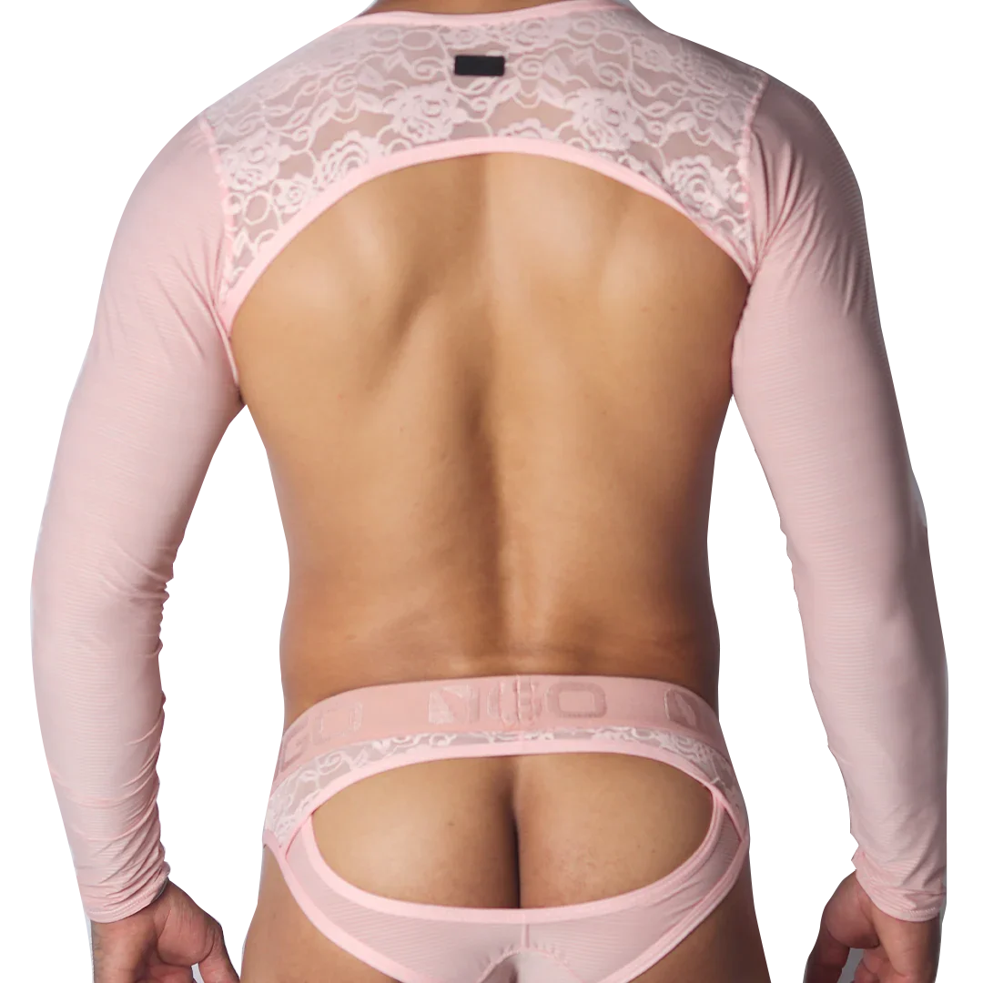 Pastel pink mesh harness with long sleeves, lace shoulder yoke, and open-back jockstrap featuring a branded waistband.