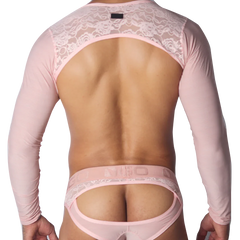Pastel pink mesh harness with long sleeves, lace shoulder yoke, and open-back jockstrap featuring a branded waistband.