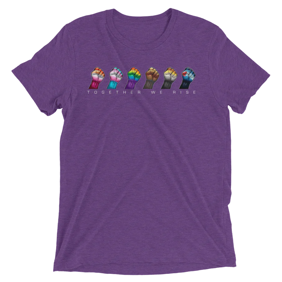 Purple heathered cotton t-shirt with five colorful raised fists and the phrase together we rise printed below