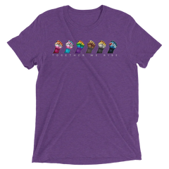 Purple heathered cotton t-shirt with five colorful raised fists and the phrase together we rise printed below