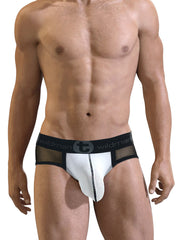 White mesh pouch brief with black trim and logo waistband worn by a muscular man.