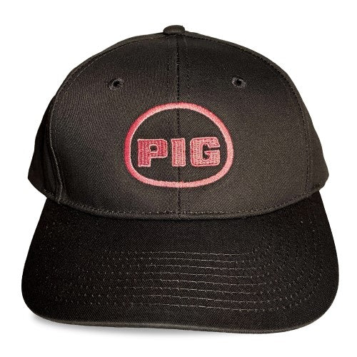 Black snapback cap with pink embroidered pig logo in a circular design spunky monkee cap pig model