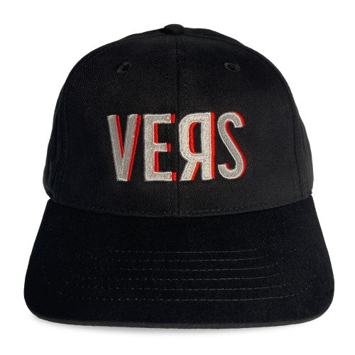 Black spunky monkee cap with embroidered vers logo in white and red thread on the front panel