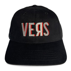 Black spunky monkee cap with embroidered vers logo in white and red thread on the front panel