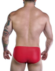 Back view of a muscular man wearing red Sportivo bikini swimwear with visible arm tattoos against a white background.