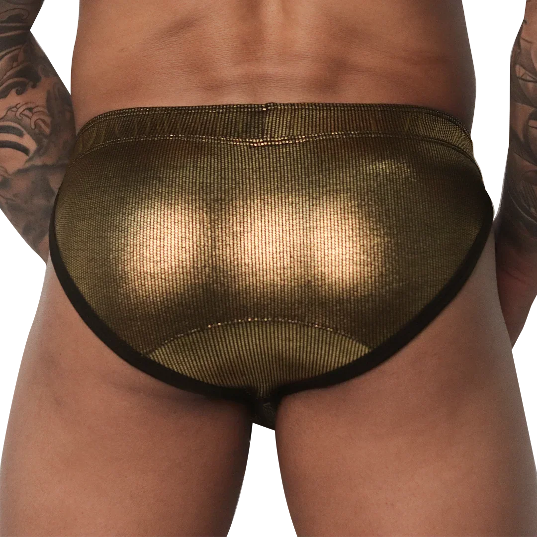 Metallic gold brief with a textured finish, thick waistband, and black trim, worn from the back.