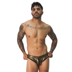 Metallic gold Gigo Splendor brief with black trim and a center front zipper detail.