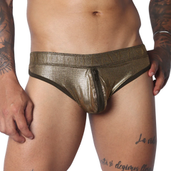 Metallic gold ribbed brief with a center front zipper and dark trim on a muscular torso.