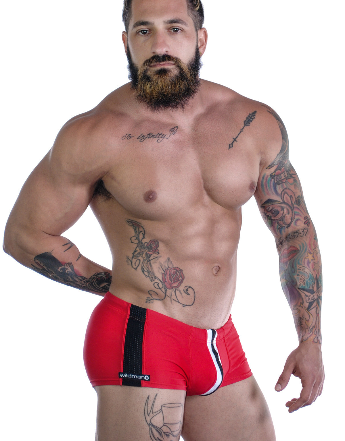 Sportivo Square Cut in red featuring black mesh side panels, a vertical white stripe, and Wildman branding.