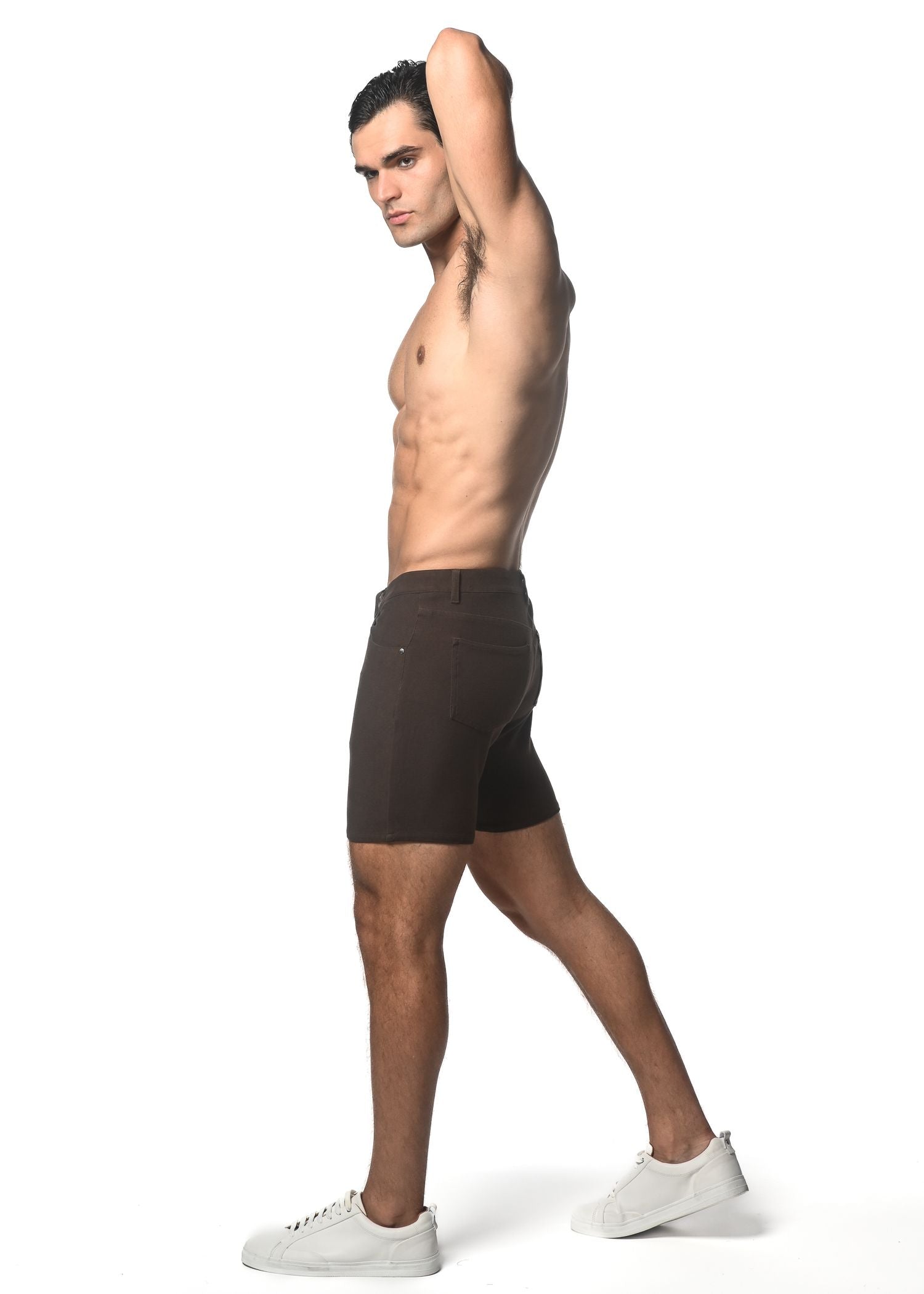 Dark brown washed denim stretch knit tailored shorts with a sleek modern design for comfortable casual wear