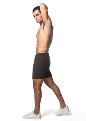 Dark brown washed denim stretch knit tailored shorts with a sleek modern design for comfortable casual wear