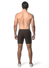 Dark brown washed denim stretch knit shorts with classic five-pocket design and belt loops for casual wear