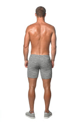 Gray herringbone patterned tweed look jacquard stretch knit jeans shorts with tailored fit limited edition