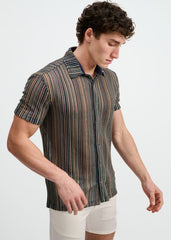 Chemise ST33LE pour hommes en maille ouverte extensible à rayures verticales - Turquoise/Kaki