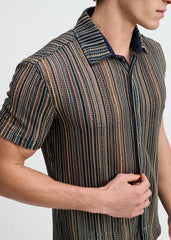 Chemise ST33LE pour hommes en maille ouverte extensible à rayures verticales - Turquoise/Kaki