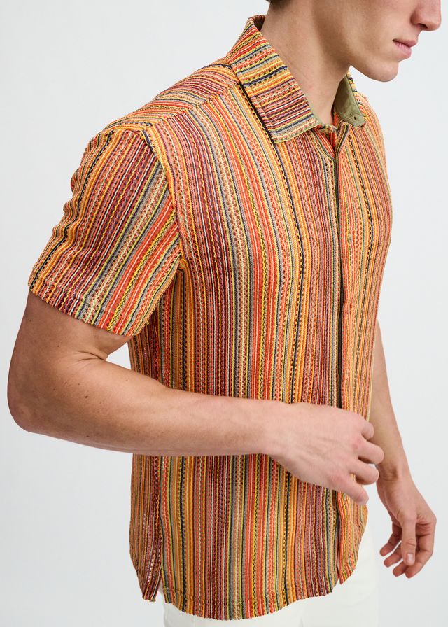 ST33LE Men's Vertical Stripe Open Knit Stretch Shirt - Bumblebee/Sage