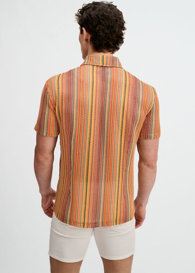 ST33LE Men's Vertical Stripe Open Knit Stretch Shirt - Bumblebee/Sage